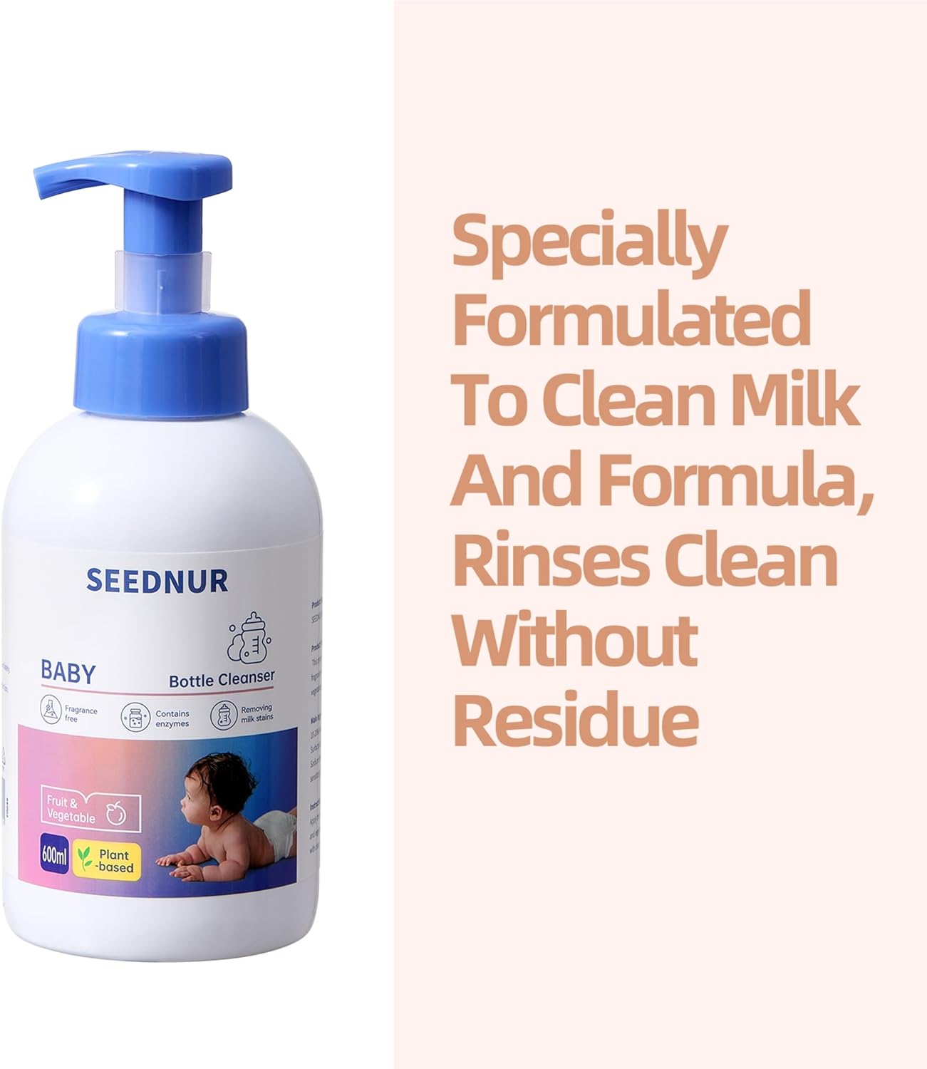 Baby Bottle Cleaner, 600ML Baby Bottle Liquid, Fragrance Free, Contains Enzymes, Removes Milk Stains, For Nipples, Bottles, Utensils, Fruits and Vegetables