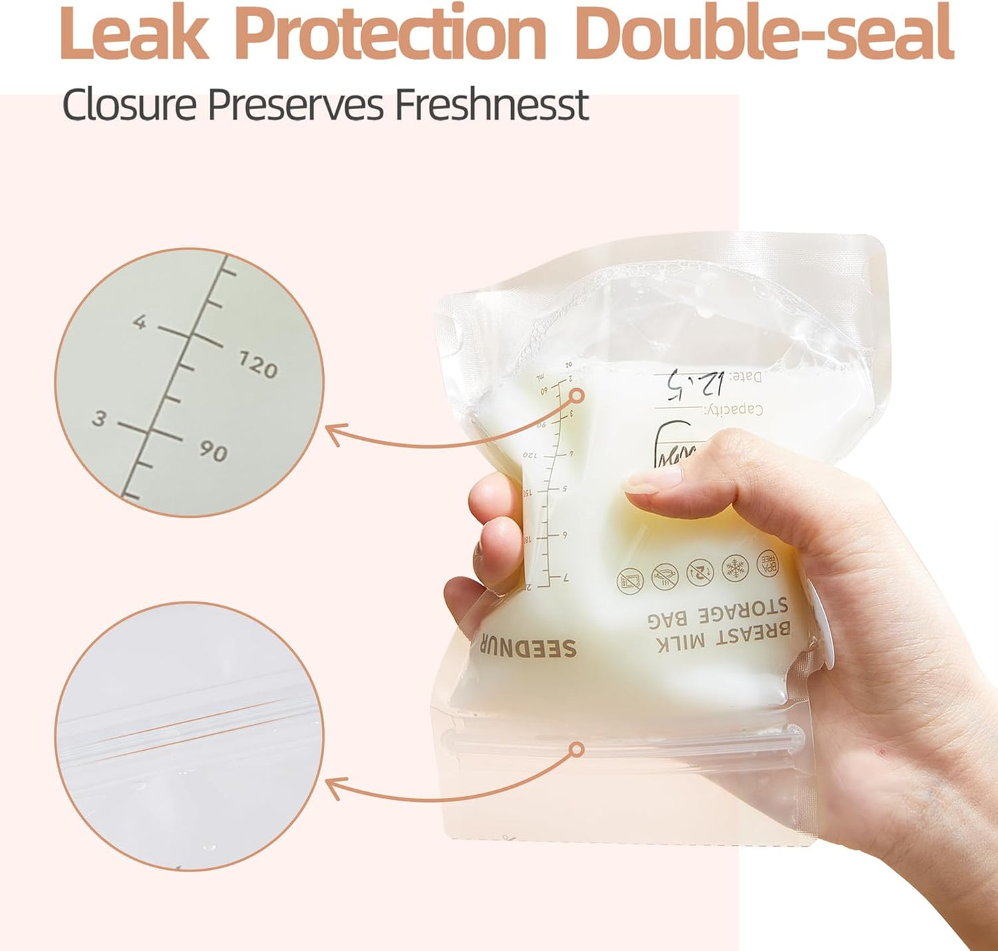 Breastmilk Storage Bags, 120 Count BPA-Free Disposable Breastmilk Freezer Bags, 220ML Baby Milk Storage Bags, Double Sealed Milk Bags, Refrigerated and Freezable