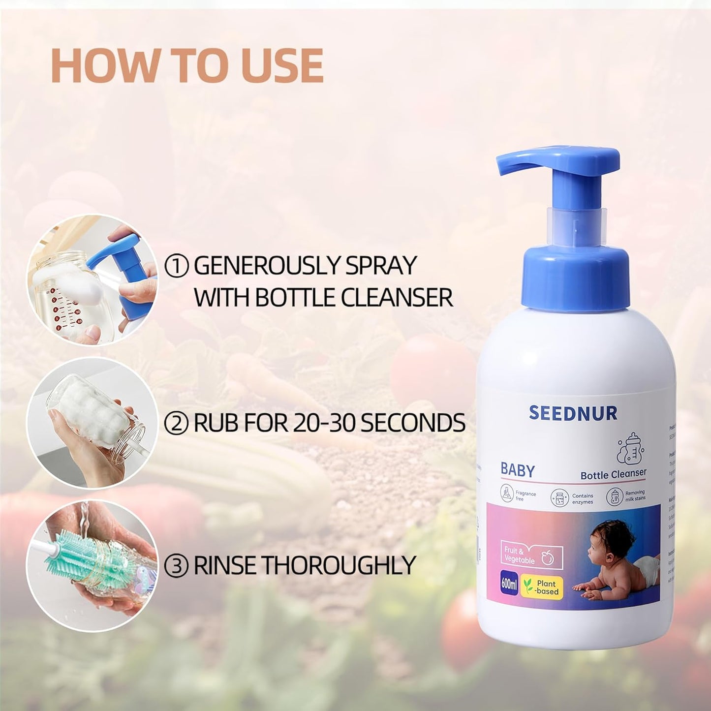 Baby Bottle Cleaner, 600ML Baby Bottle Liquid, Fragrance Free, Contains Enzymes, Removes Milk Stains, For Nipples, Bottles, Utensils, Fruits and Vegetables