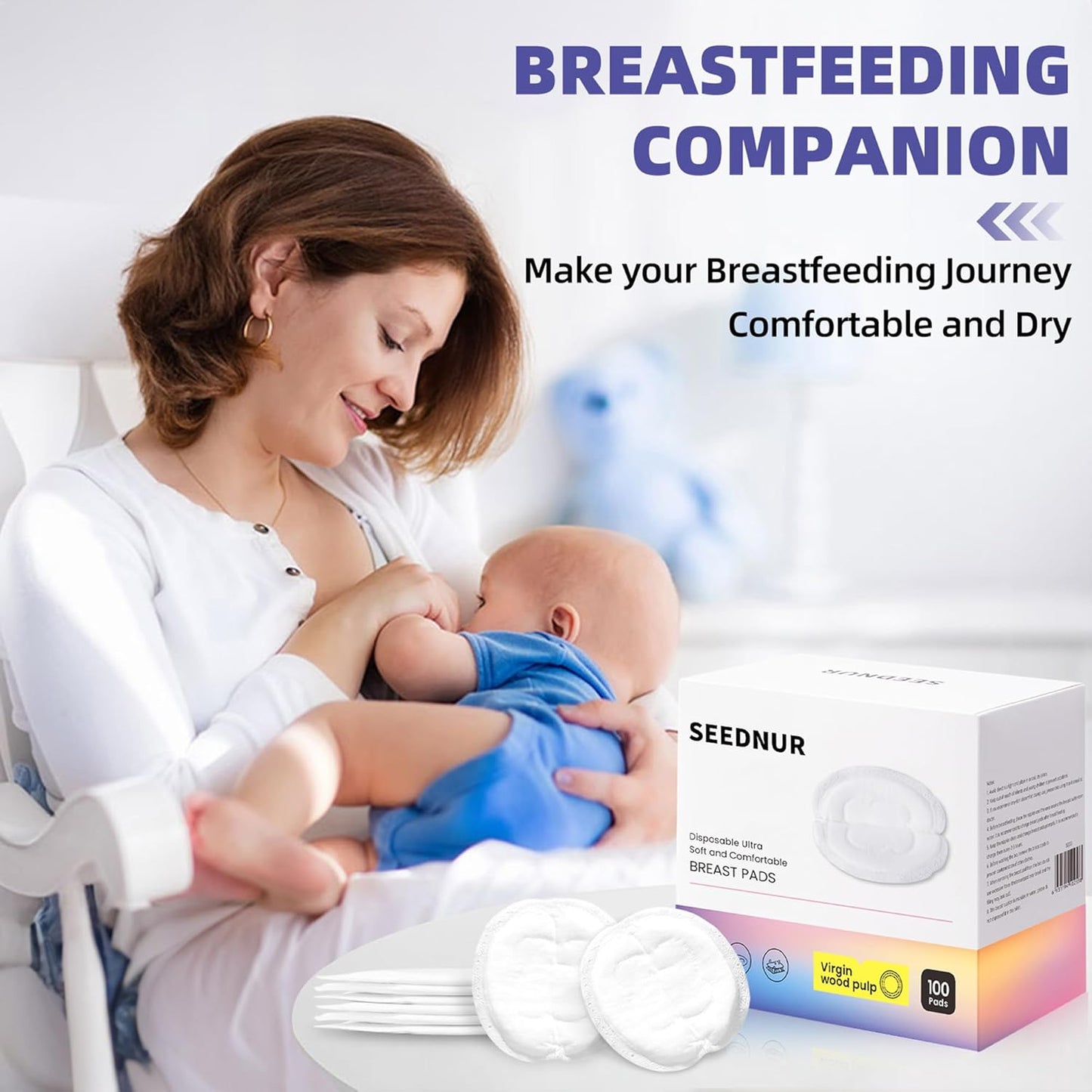 Breast Pads, 100 Disposable Breastfeeding Pads, Ultra-Thin and Breathable Disposable Breast Pads, Absorbent Breast Pads, Soft and Skin-Friendly, Suitable for Both Day and Night Use
