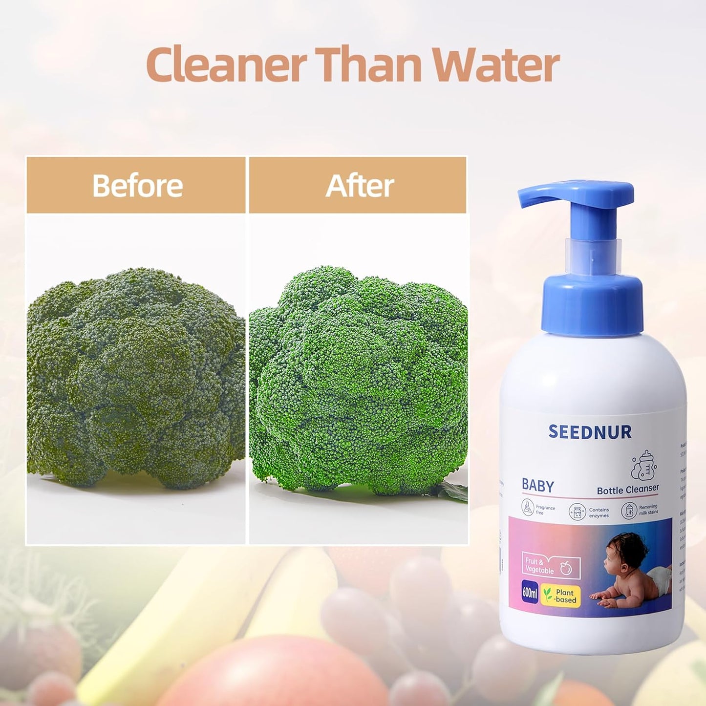 Baby Bottle Cleaner, 600ML Baby Bottle Liquid, Fragrance Free, Contains Enzymes, Removes Milk Stains, For Nipples, Bottles, Utensils, Fruits and Vegetables