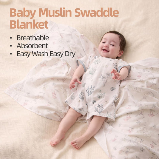 Baby Muslin Swaddle Blanket, Cozy, Absorbent, Skin-Friendly Breathable, Premium Soft Baby Infant Bath Towel Double Layer Blanket Size 47x47 / 120x120cm